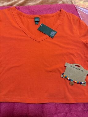 Wild Fable Bright Orange V-Neck-cropped Blouse/Bracelet